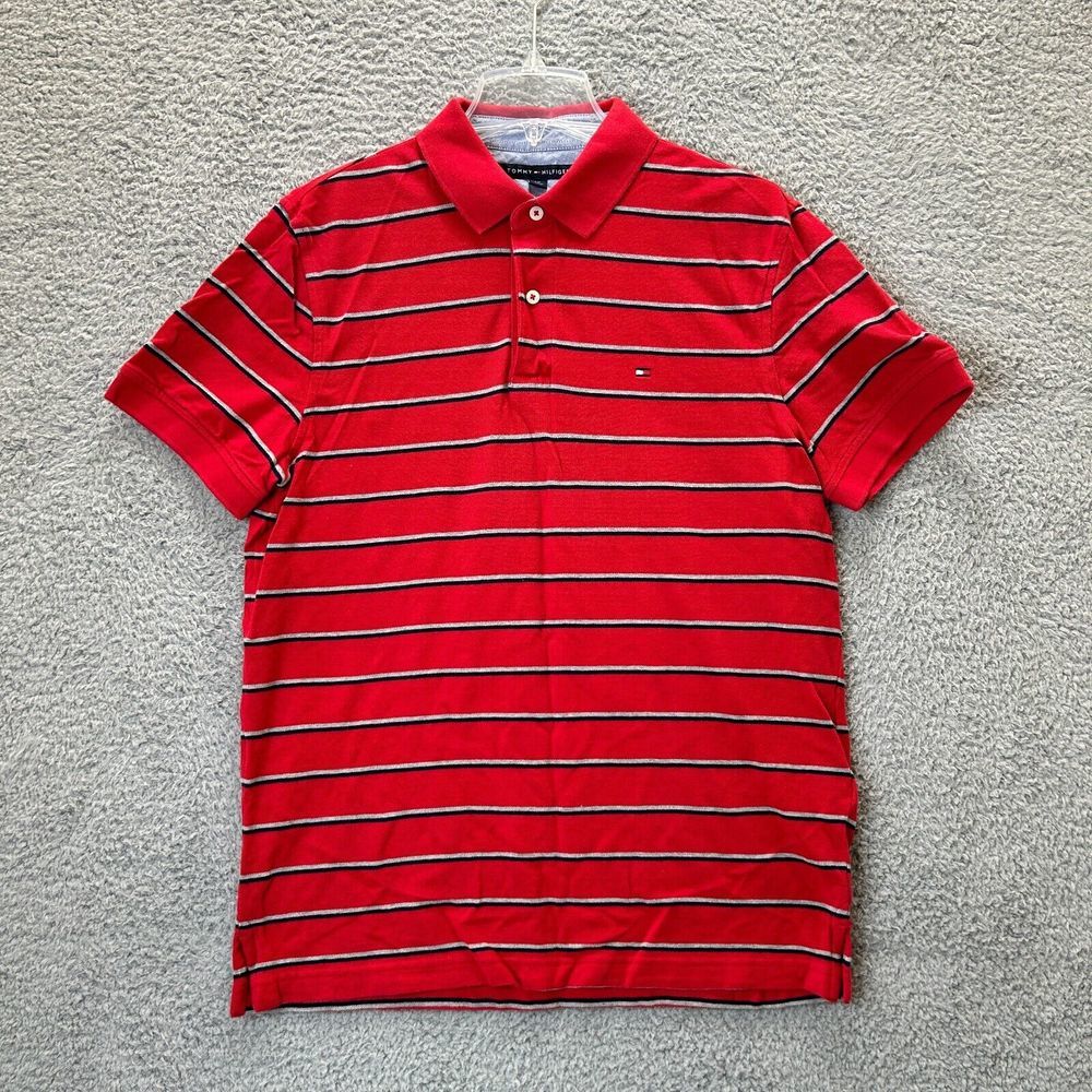 Tommy Hilfiger Shirt Mens Large Red Gray Blue Striped Polo Preppy Cotton
